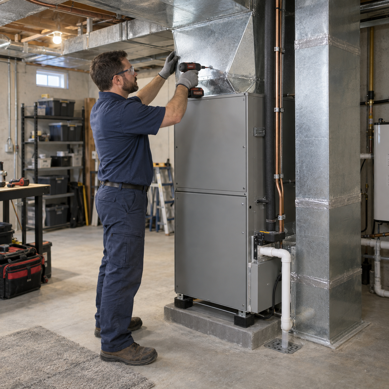 HVAC technician installing indoor heating and cooling equipment in Mechanicsville, VA