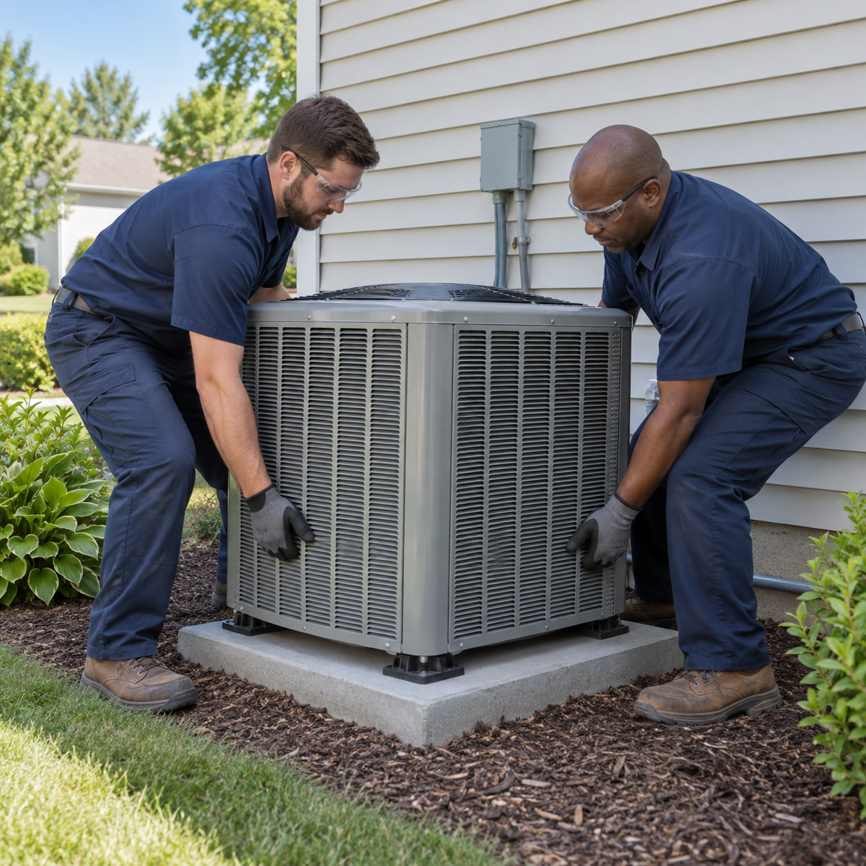 HVAC technicians installing an outdoor air conditioning unit for AC installation and replacement near me
