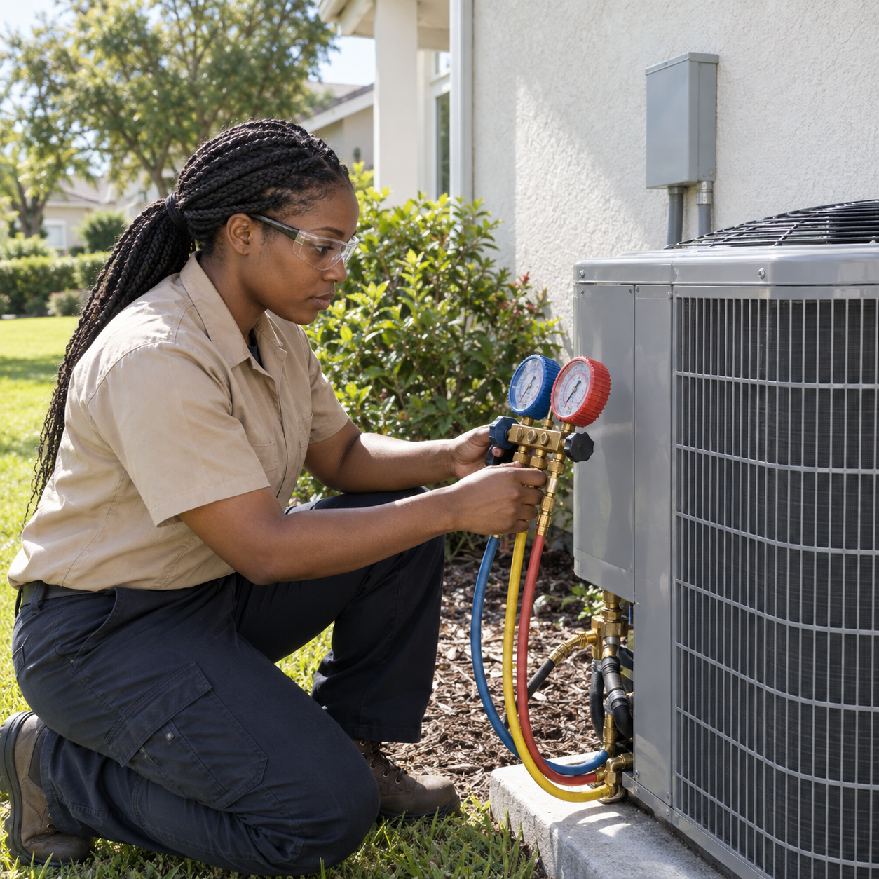 HVAC technician checking an outdoor air conditioning unit for AC installation and replacement in Ashland, VA