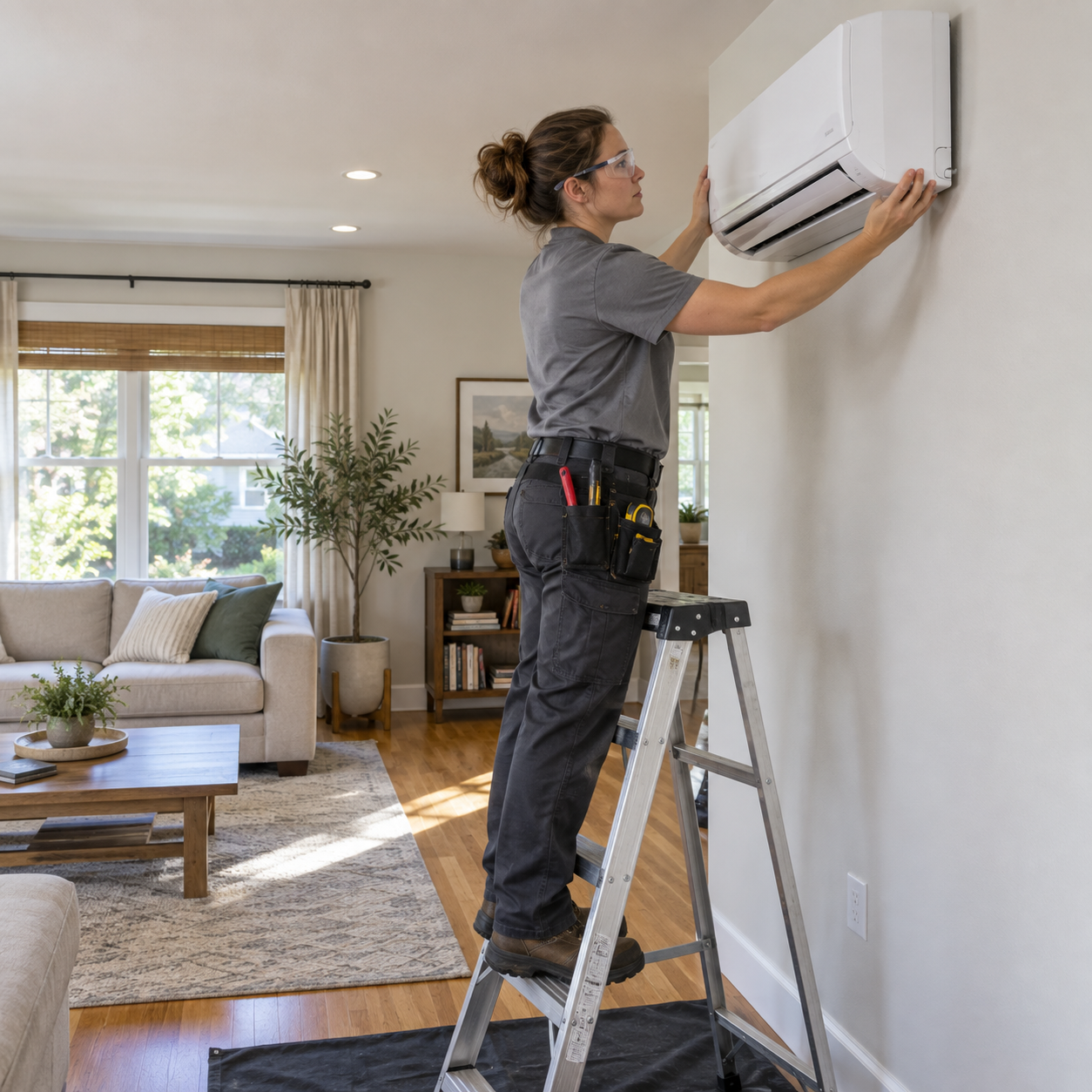 HVAC technician installing a wall-mounted air conditioning unit for AC installation and replacement near me