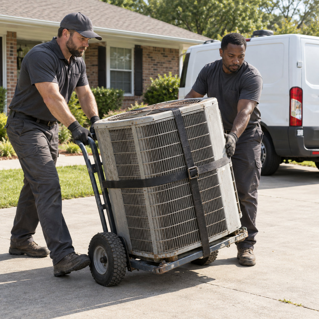 HVAC technicians removing an old outdoor air conditioning unit for AC replacement in Atlee, VA